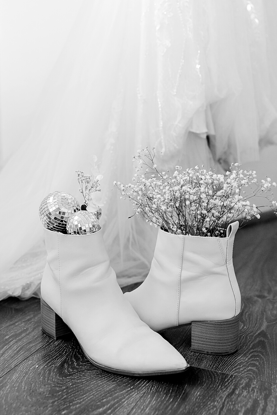 Boutonniere with Disco Balls and Flowers in White Boots